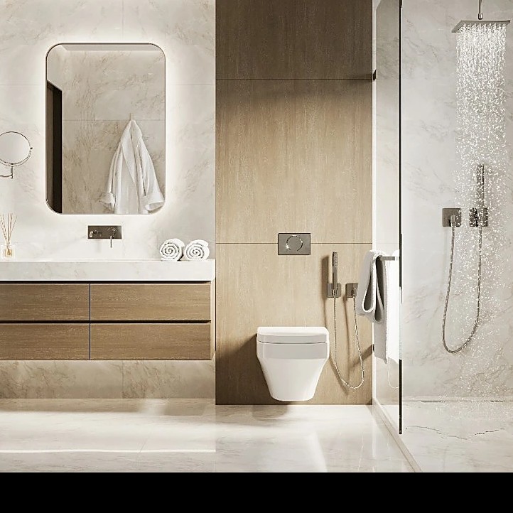 Modern marble bathroom with floating vanity, wall-hung toilet, and walk-in shower in Ottawa